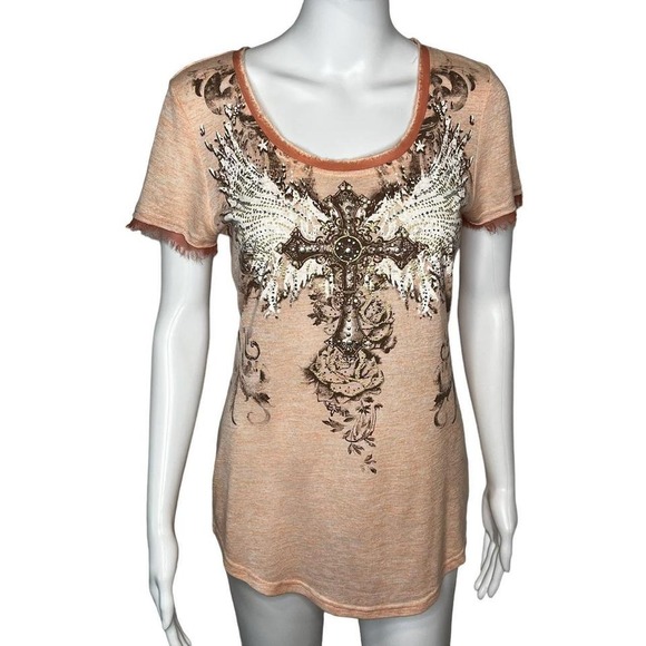 Miss Me Tops - Miss Me Bedazzled Cross Top Ribbon L